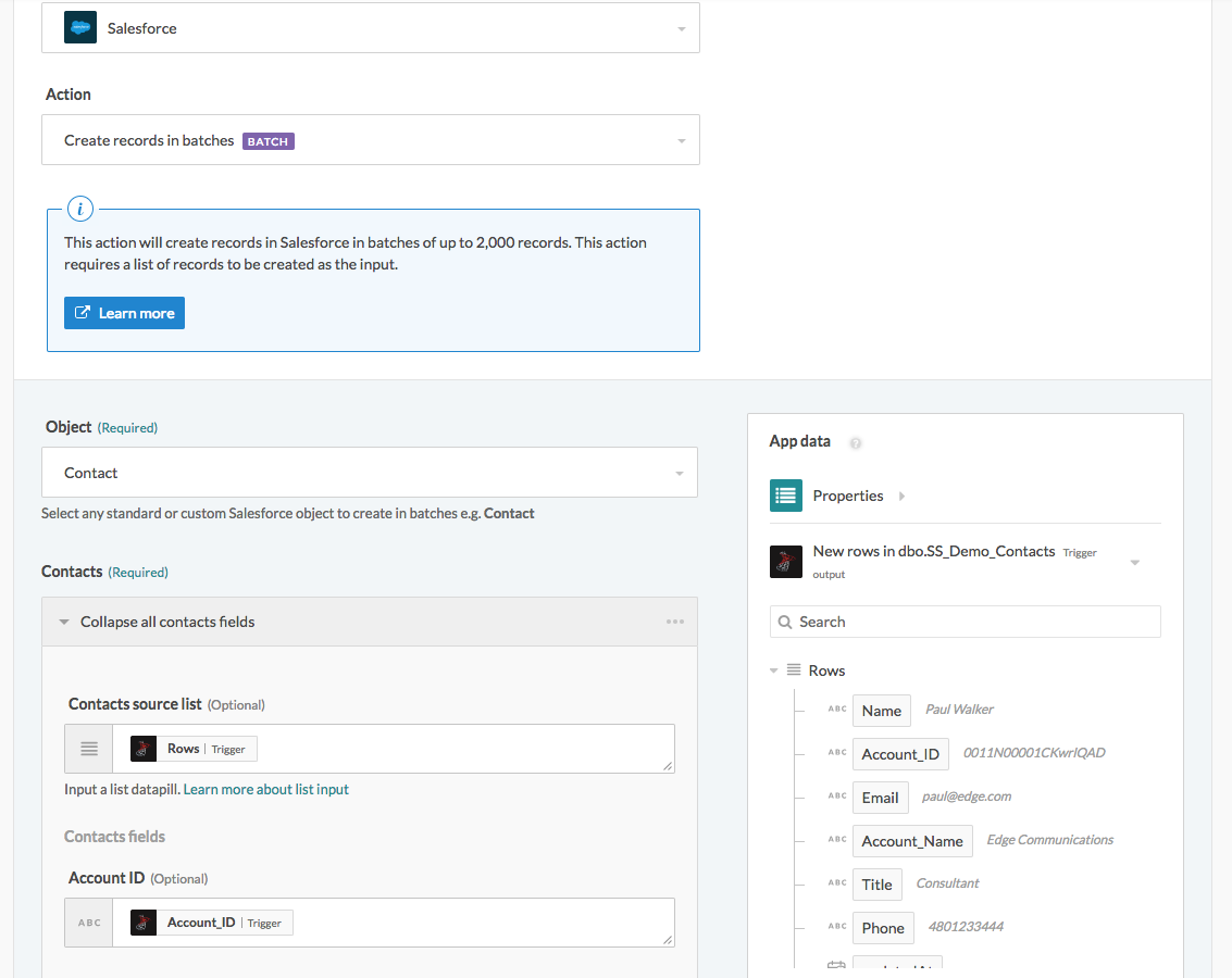 Configuring contacts in Salesforce connector