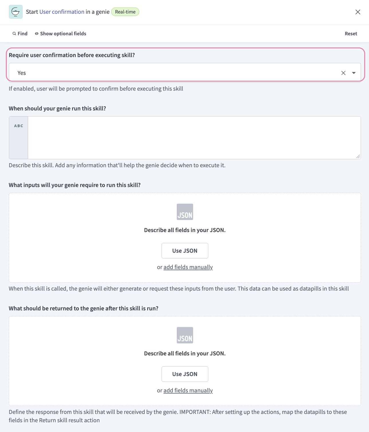 Use the Require user confirmation before executing skill? drop-down menu