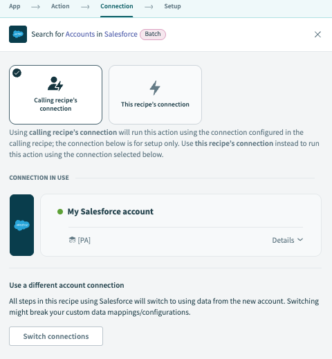 Ensure the app connection uses the Calling recipe's connection