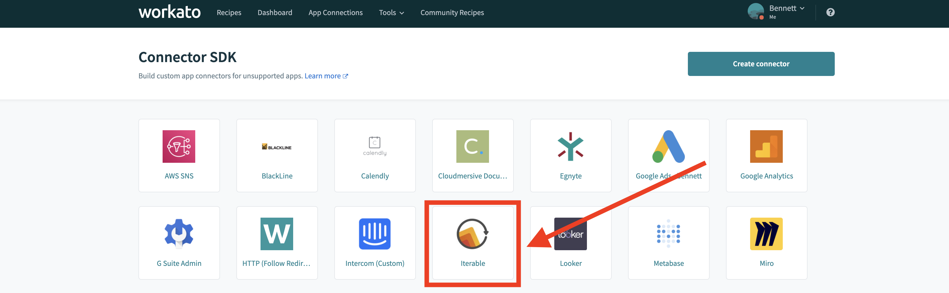Navigating to Workato connector for webhook URI