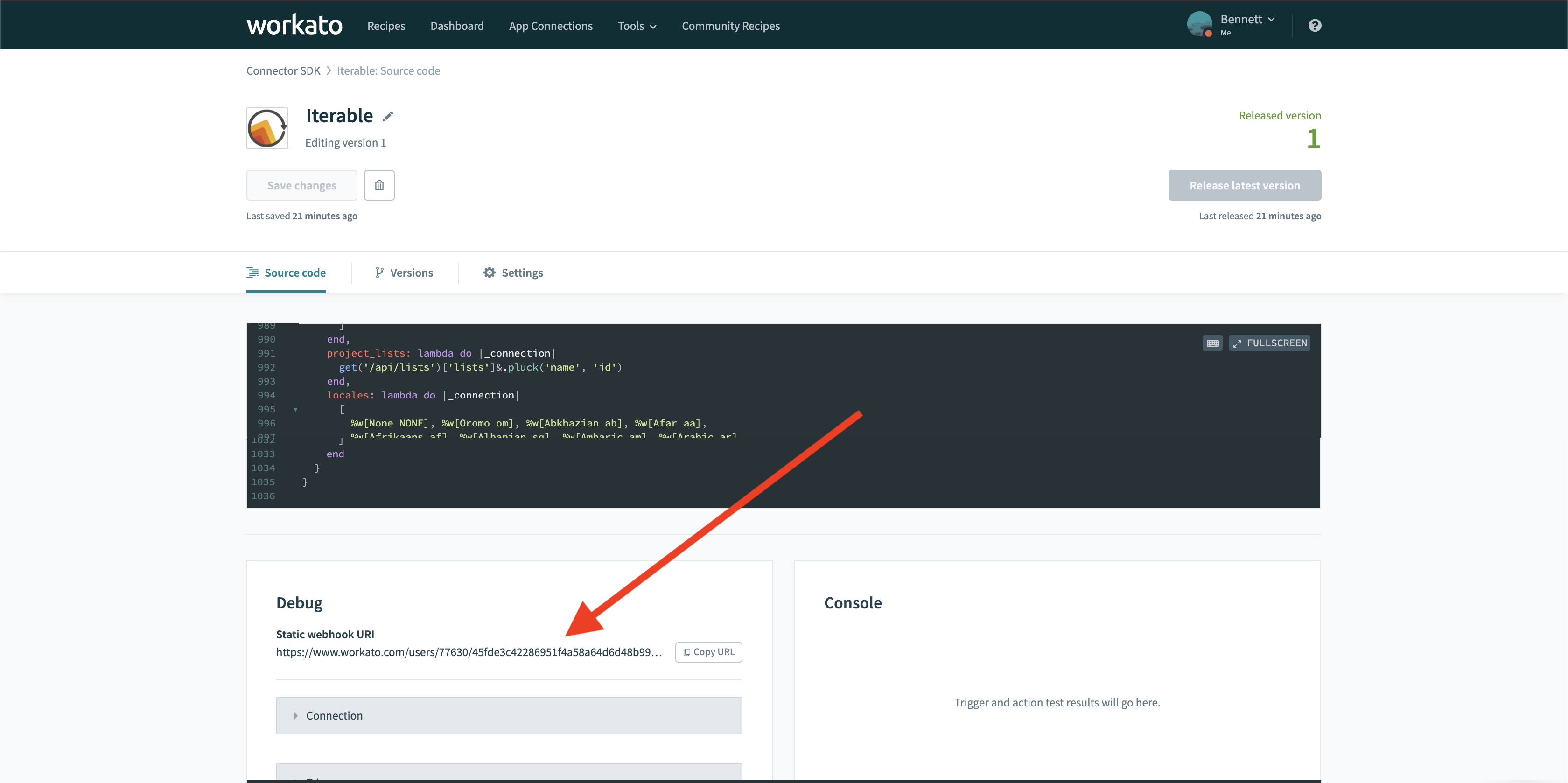 Navigating to Workato connector for webhook URI
