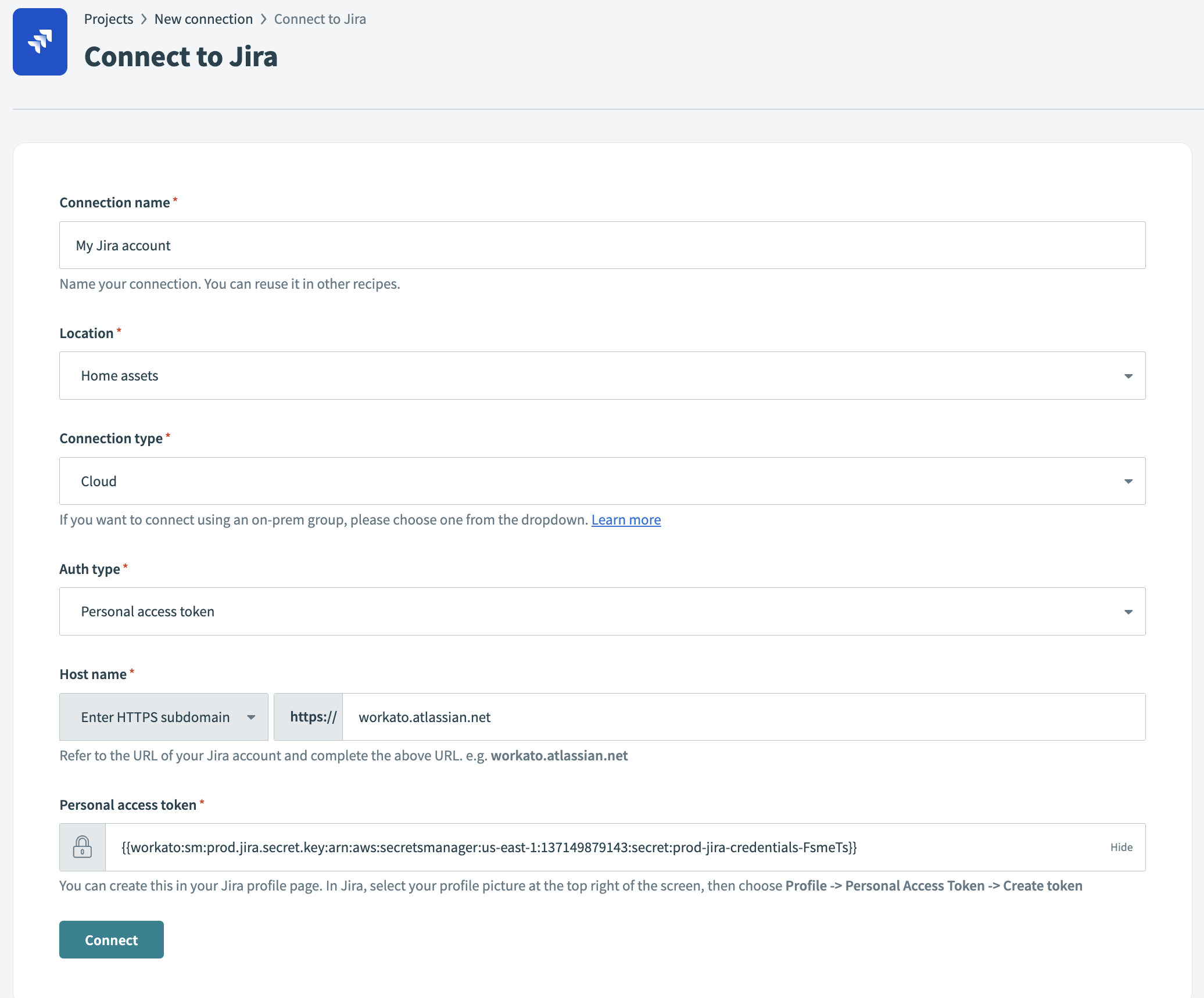JIRA connection in Workato configured with an AWS secret