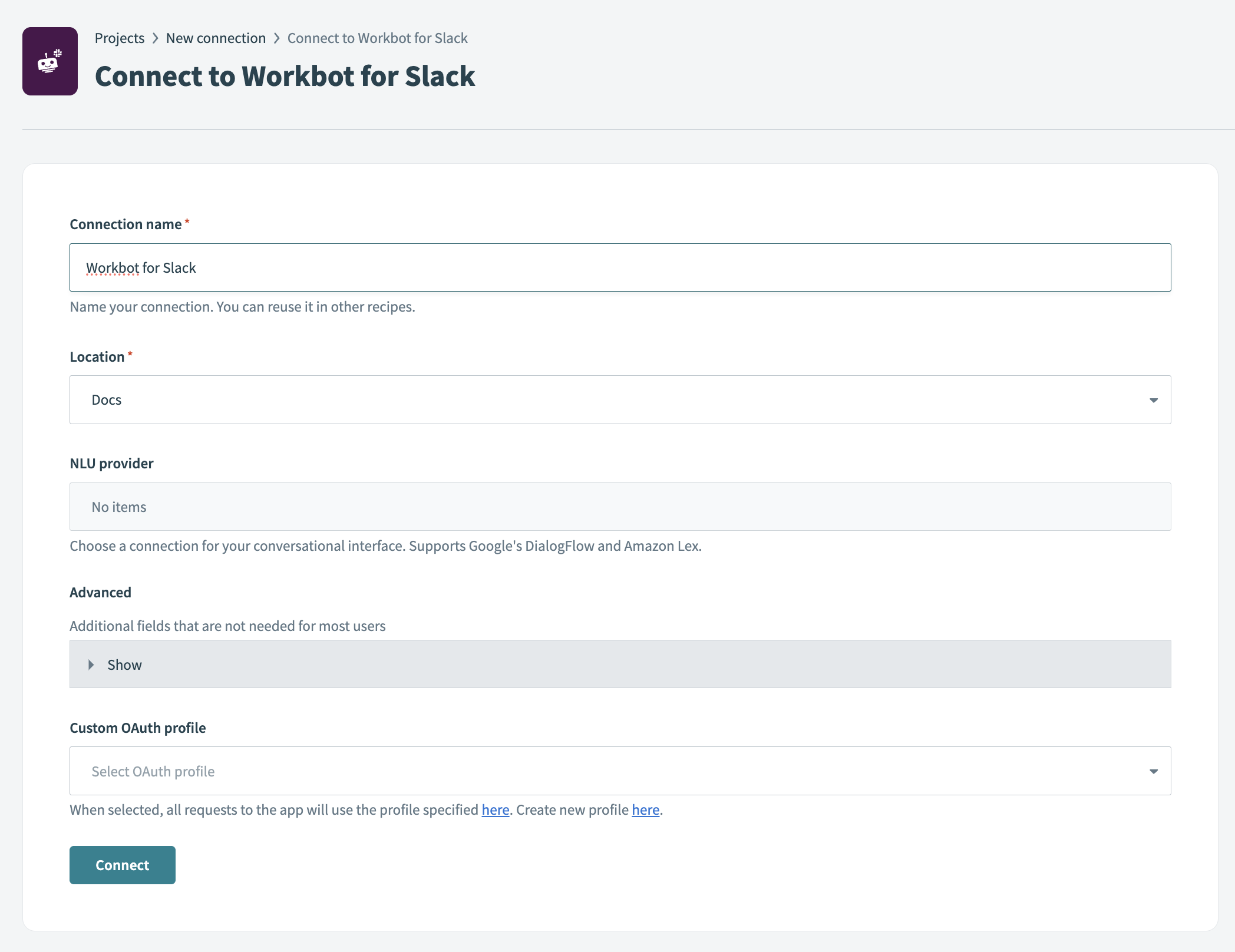 Workbot for Slack connection setup