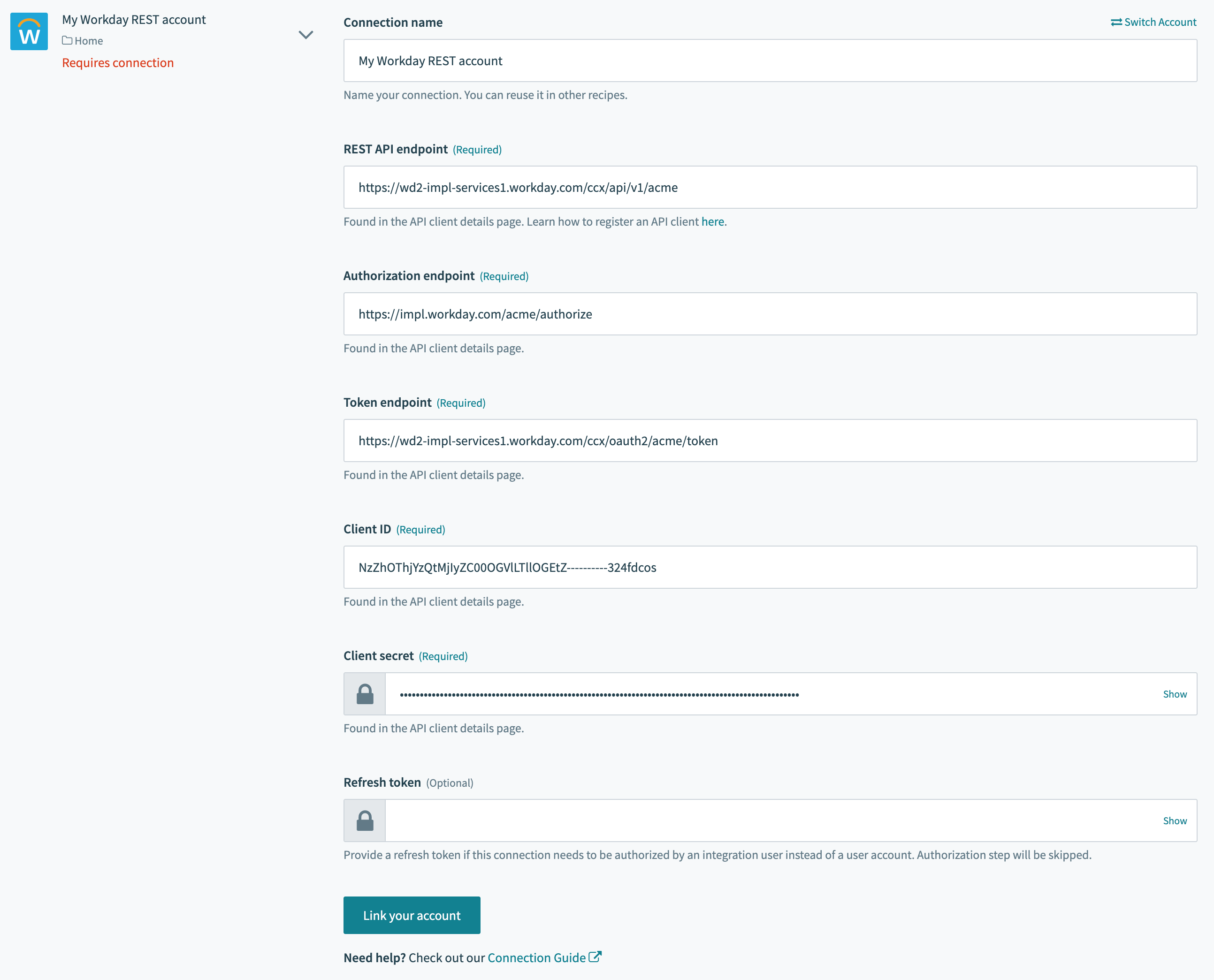 Workday connection fields