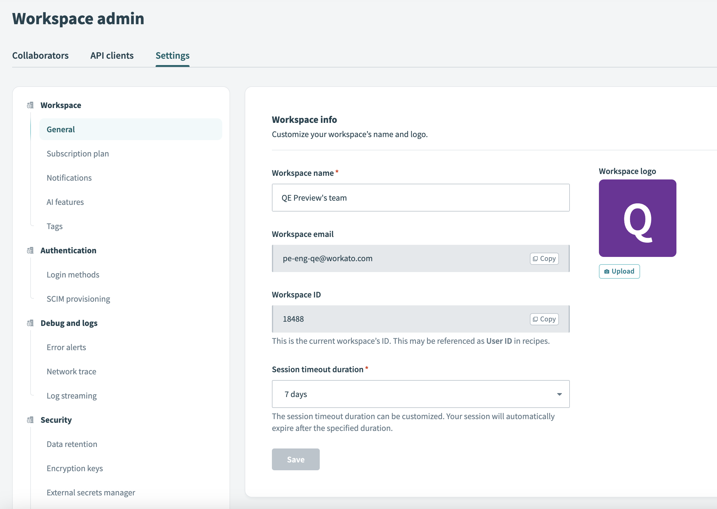 Workspace admin settings