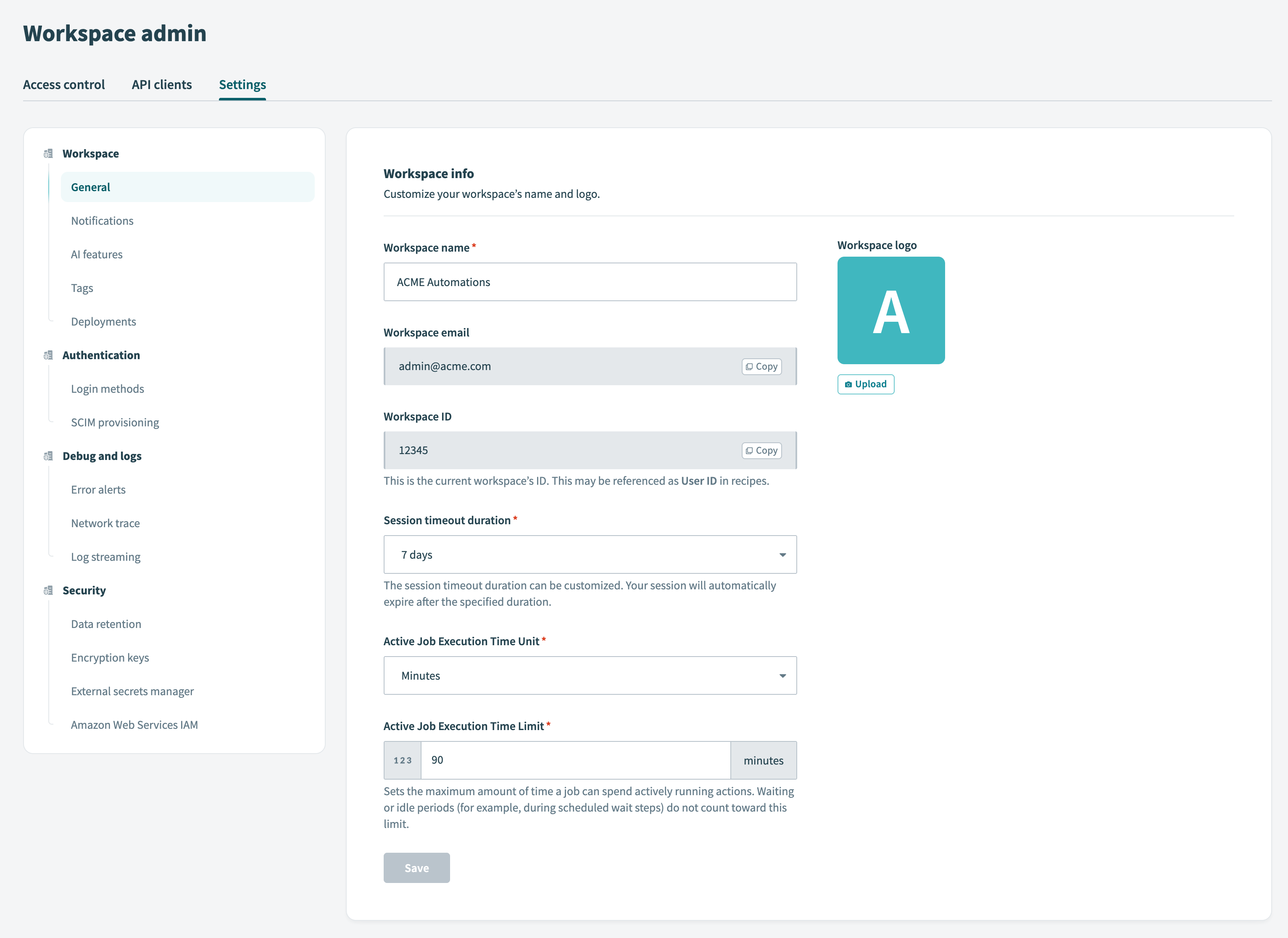 Workspace general settings