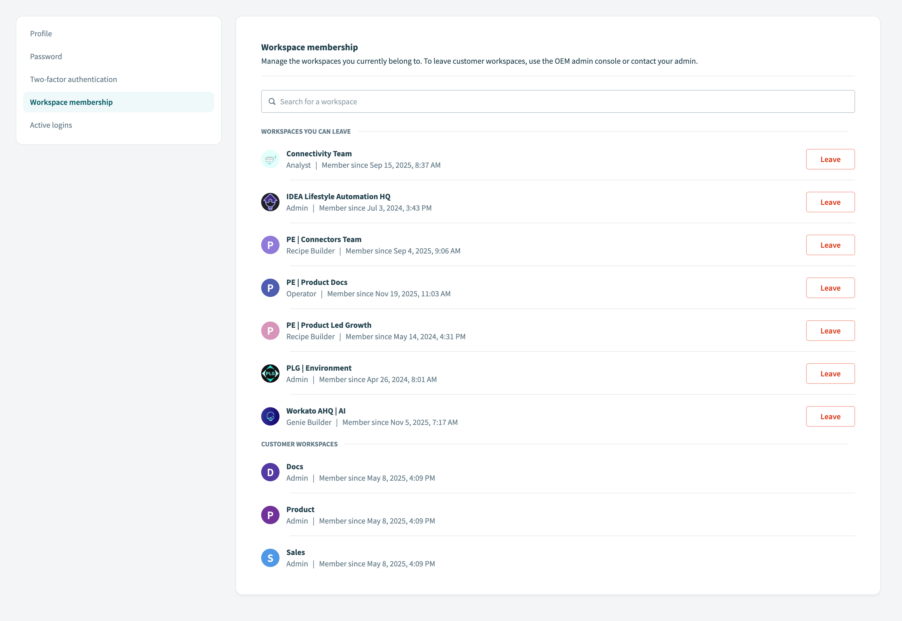 Workspace membership page