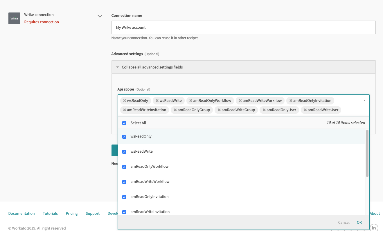 Wrike connector API scope