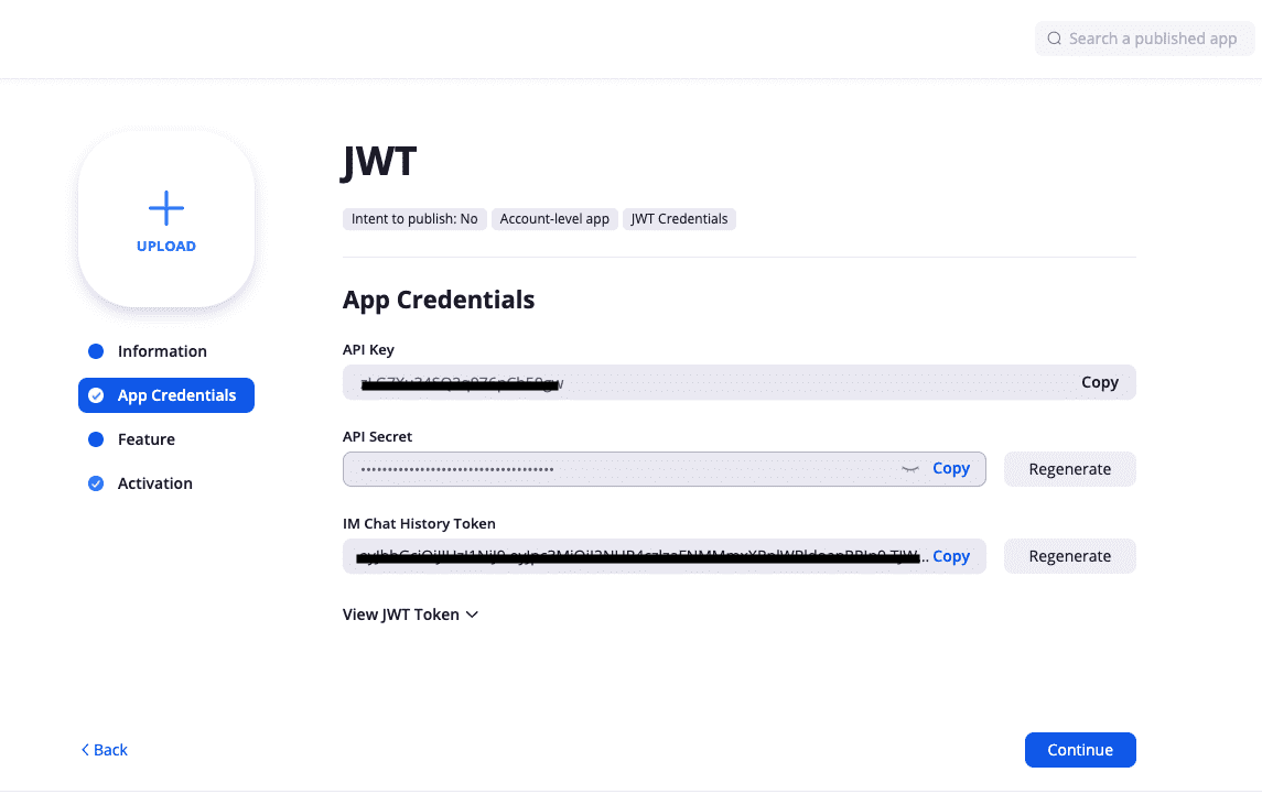 Get API credentials from Zoom JWT app