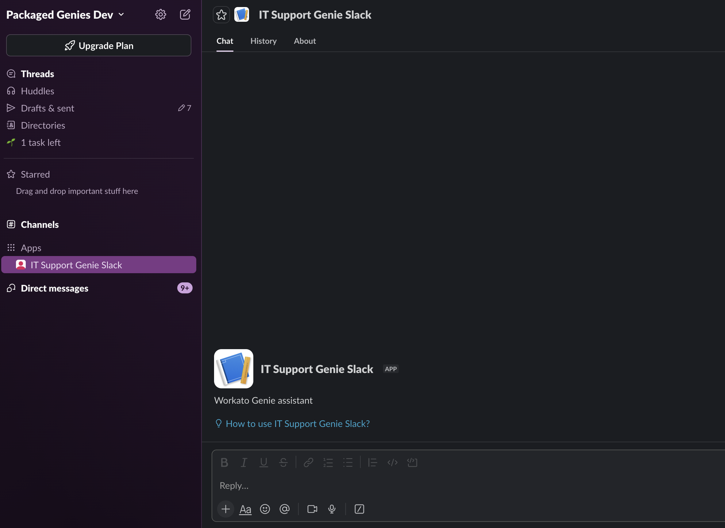 The IT Support Genie app open in Slack, ready to receive a message