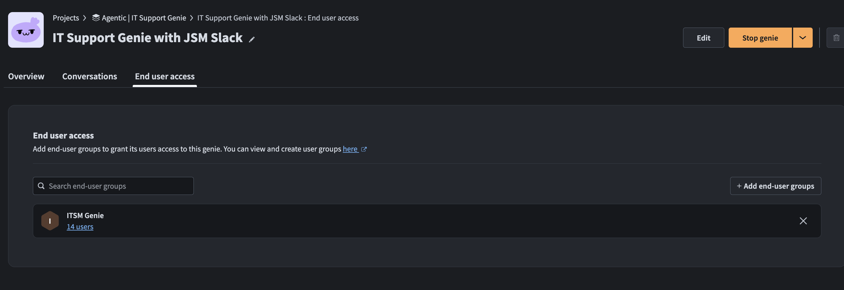 The End user access tab showing an end-user group added to IT Support Genie