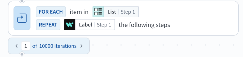 Repeat for each loop step with its iteration navigator reading 1 of 10000 iterations.