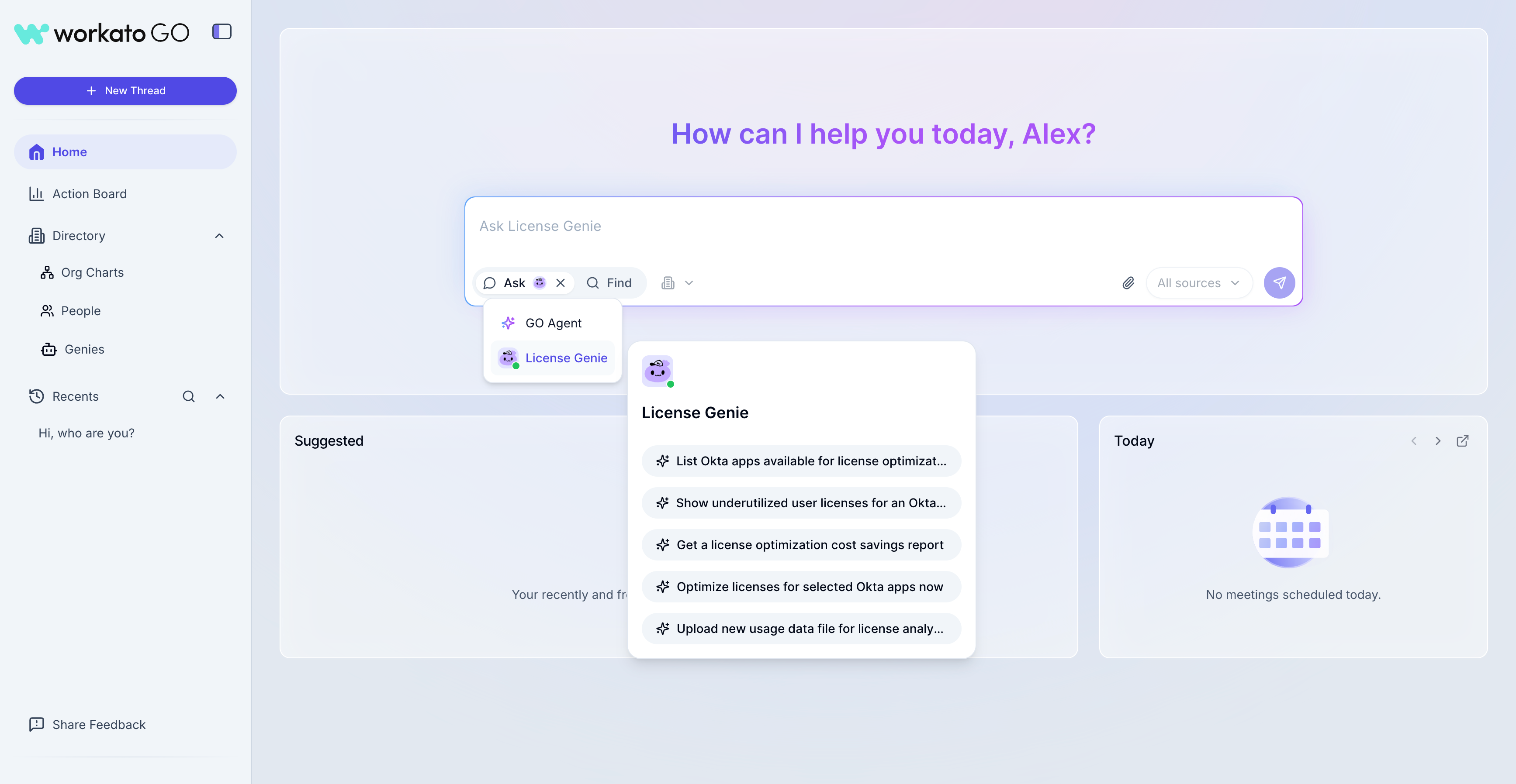 Workato GO interface showing the Ask dropdown with License Genie selected