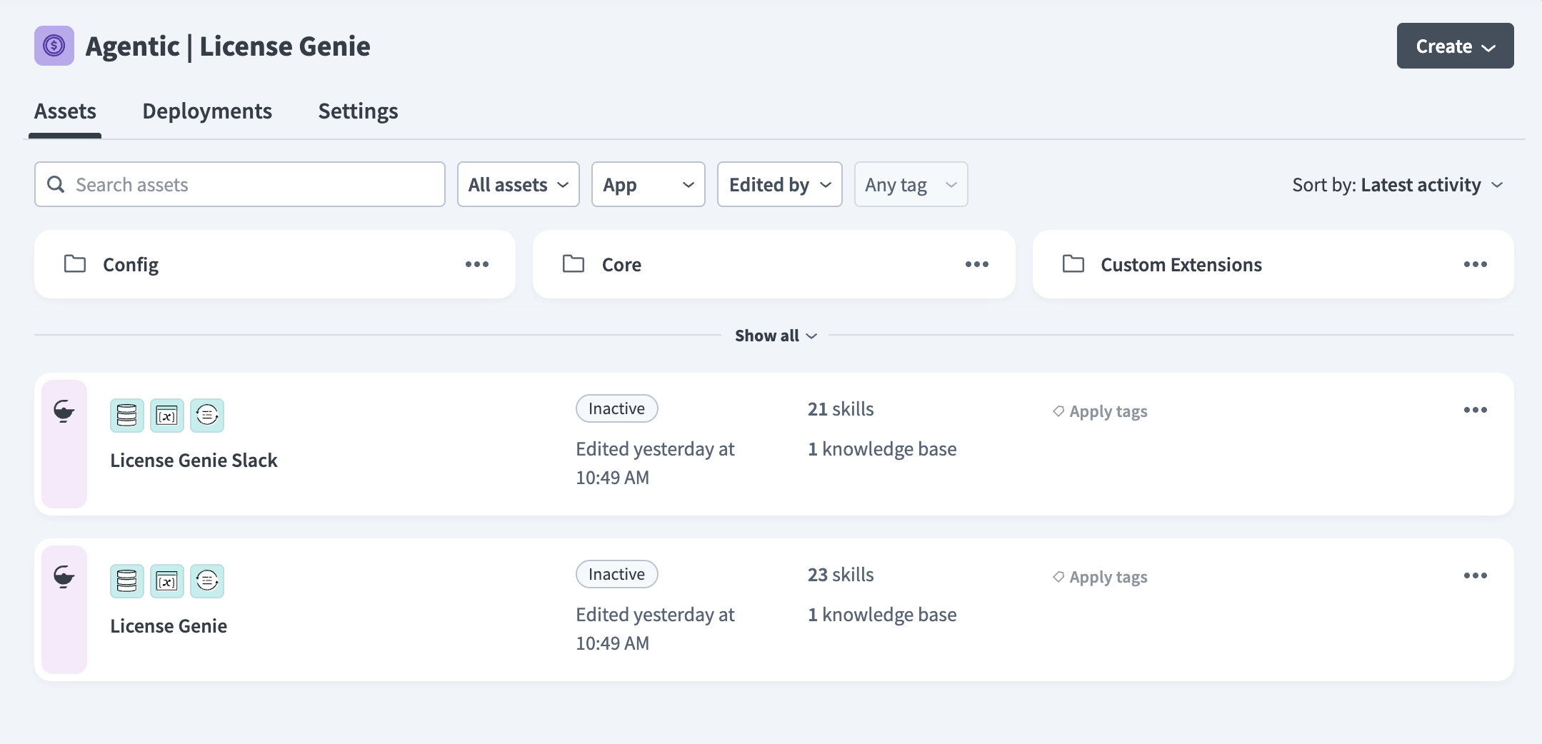 Agentic | License Genie project Assets tab showing the License Genie Slack and License Genie genies
