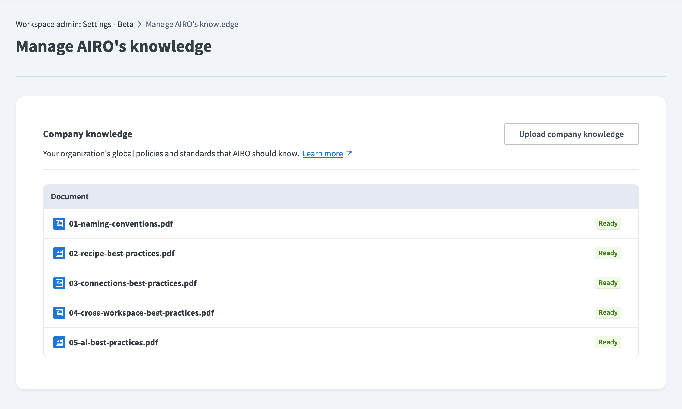 The Manage AIRO's knowledge page