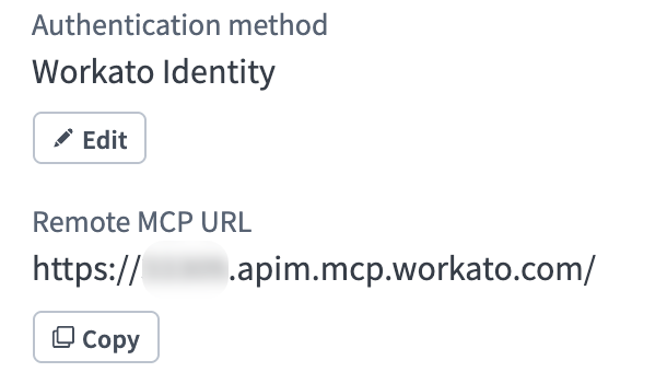 Details tab showing Workato Identity as the authentication method and the Remote MCP URL with a Copy button.