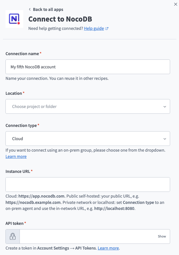NocoDB connection setup