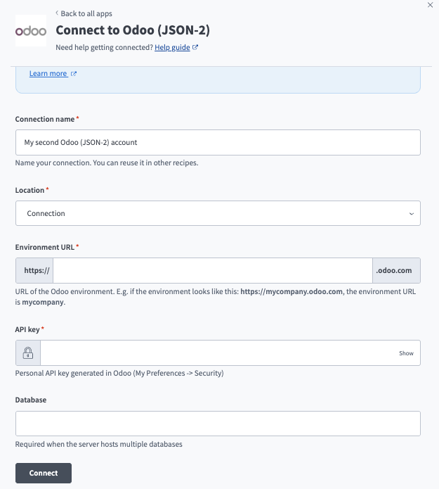 Odoo connection setup dialog with the connection name, location, environment URL, API key, and database fields.