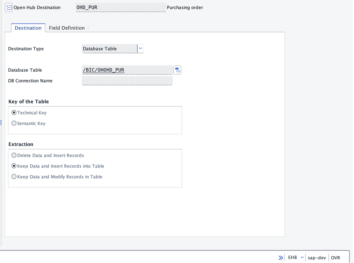 Open Hub Destination definition with database table destination type