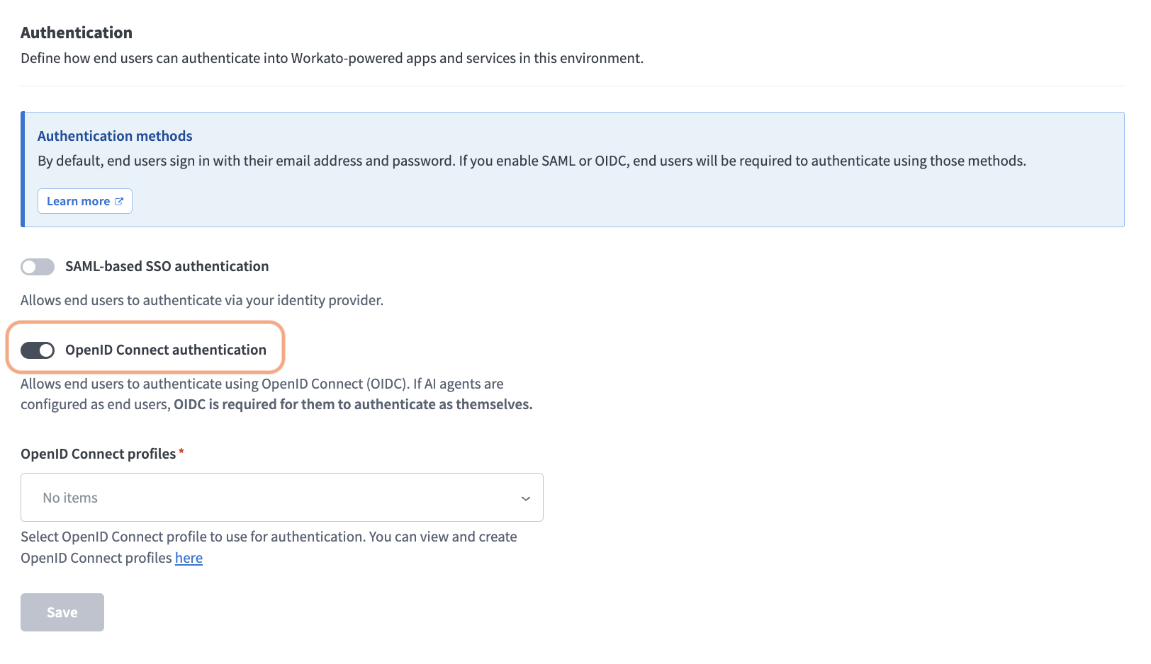 Enable the OpenID Connect authentication toggle