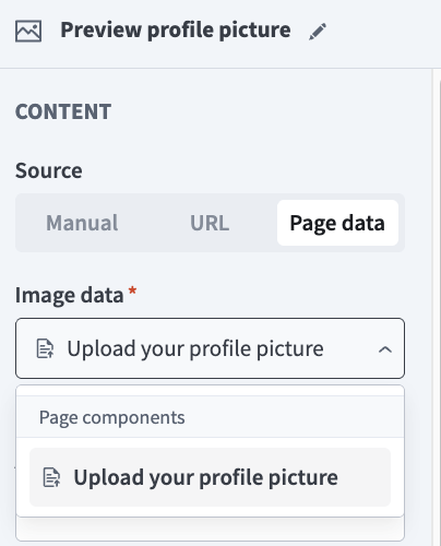 Page data selected as the image source in the properties panel.