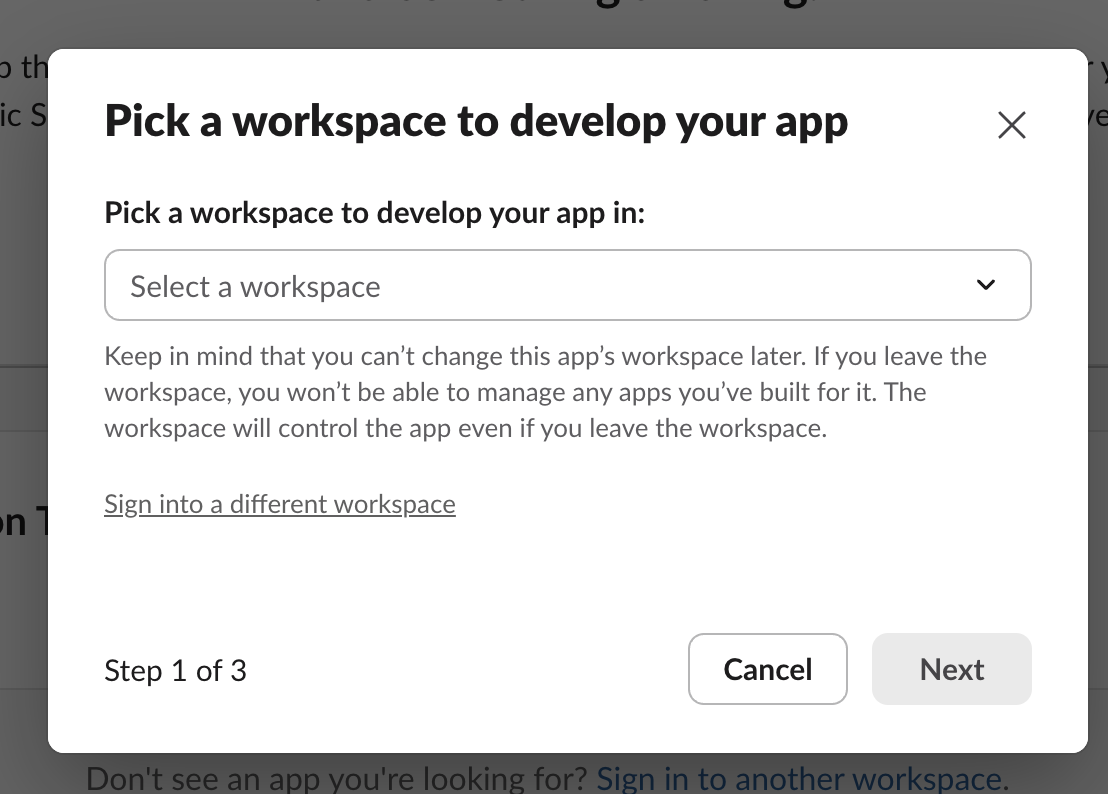 Pick a workspace to develop your app in