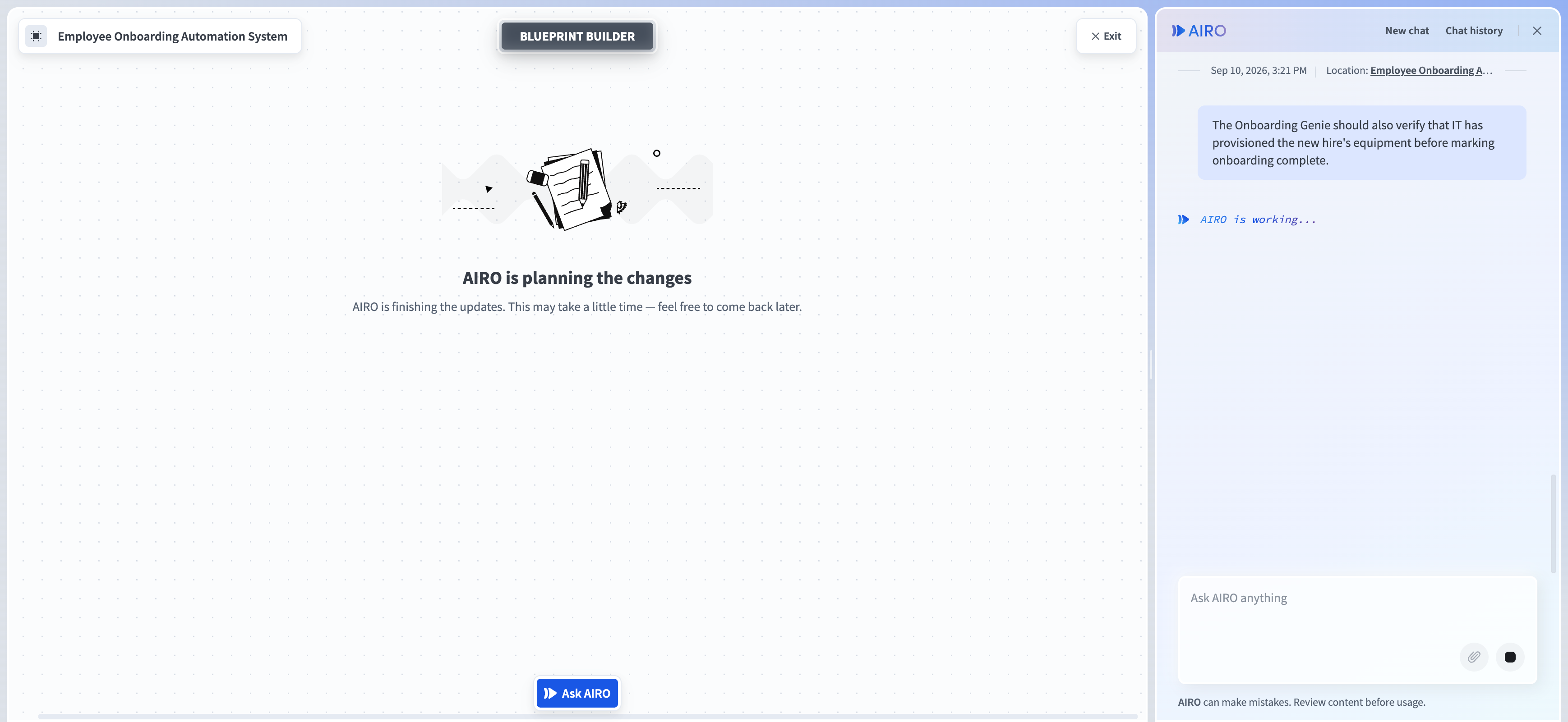 新しい要件の後にブループリントへの変更を計画しているAIRO