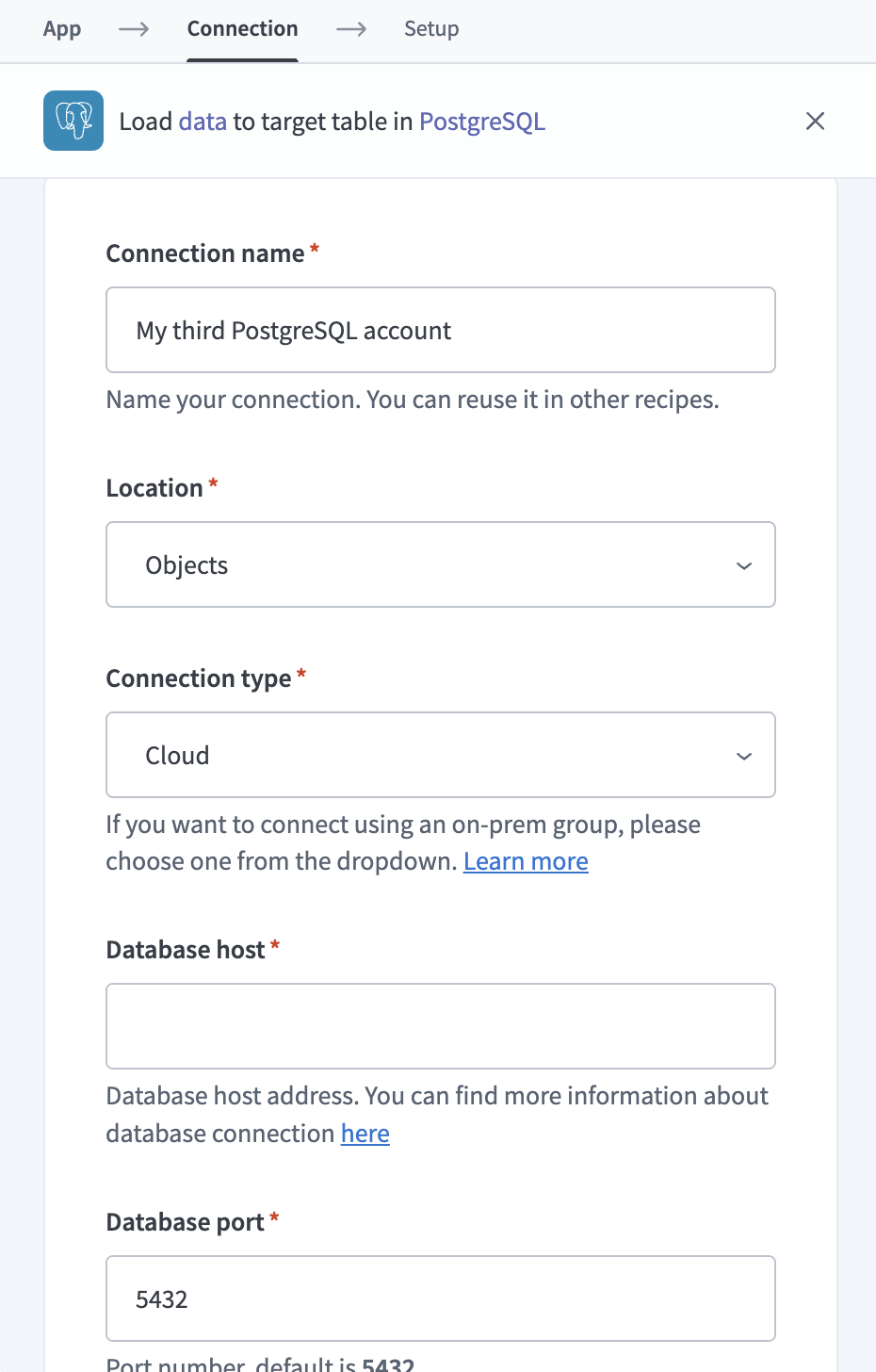 PostgreSQL connection setup