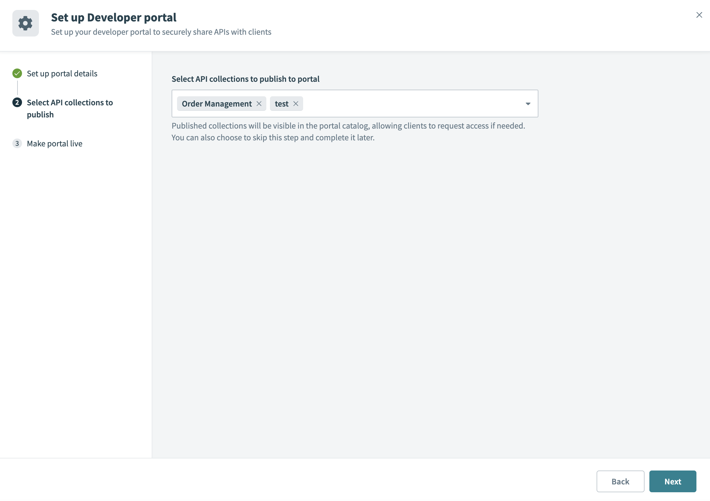 Select which API collections to publish