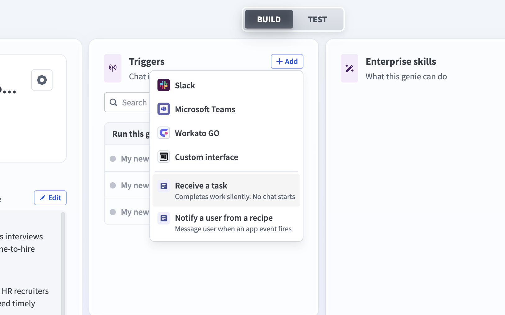 Menu for adding a trigger to a genie, with Receive a task selected.