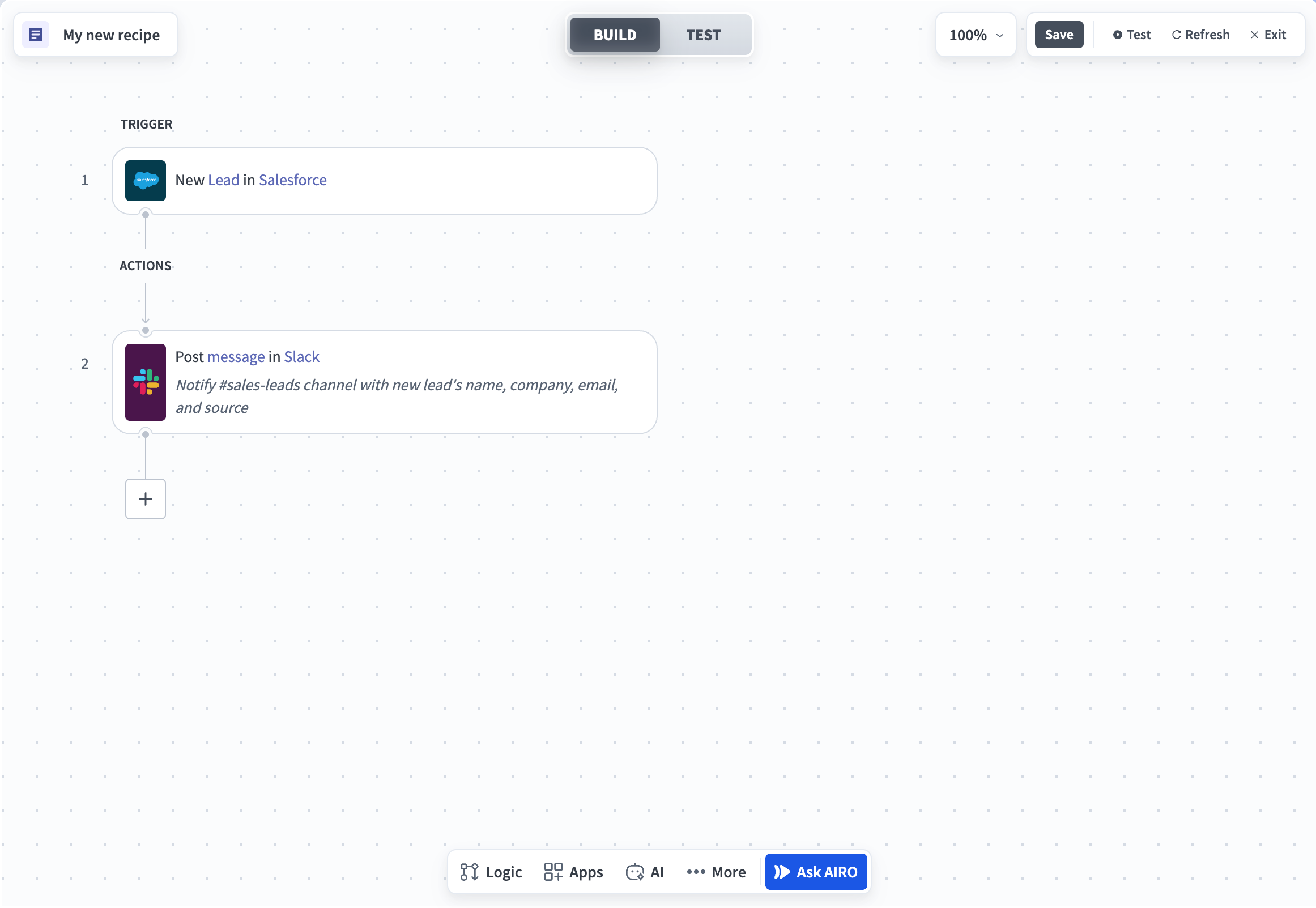 A recipe on the canvas with a Salesforce New Lead trigger and a Slack Post message action