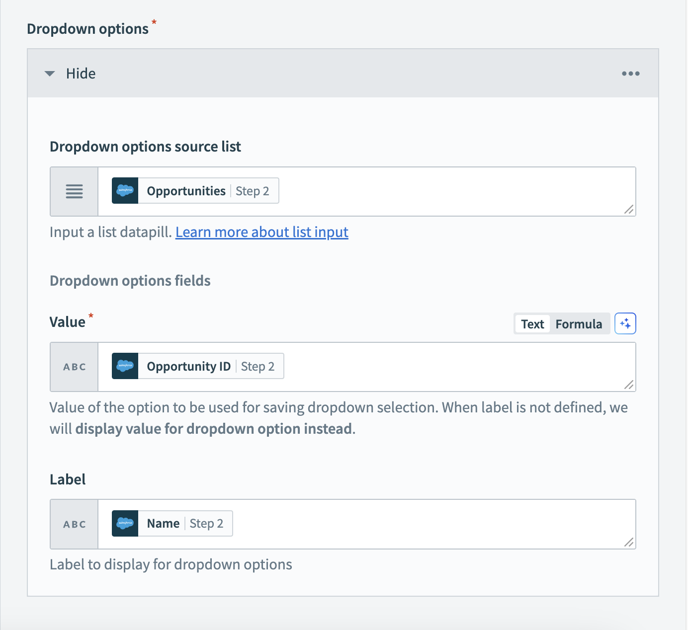 Configure the return data to drop-down action