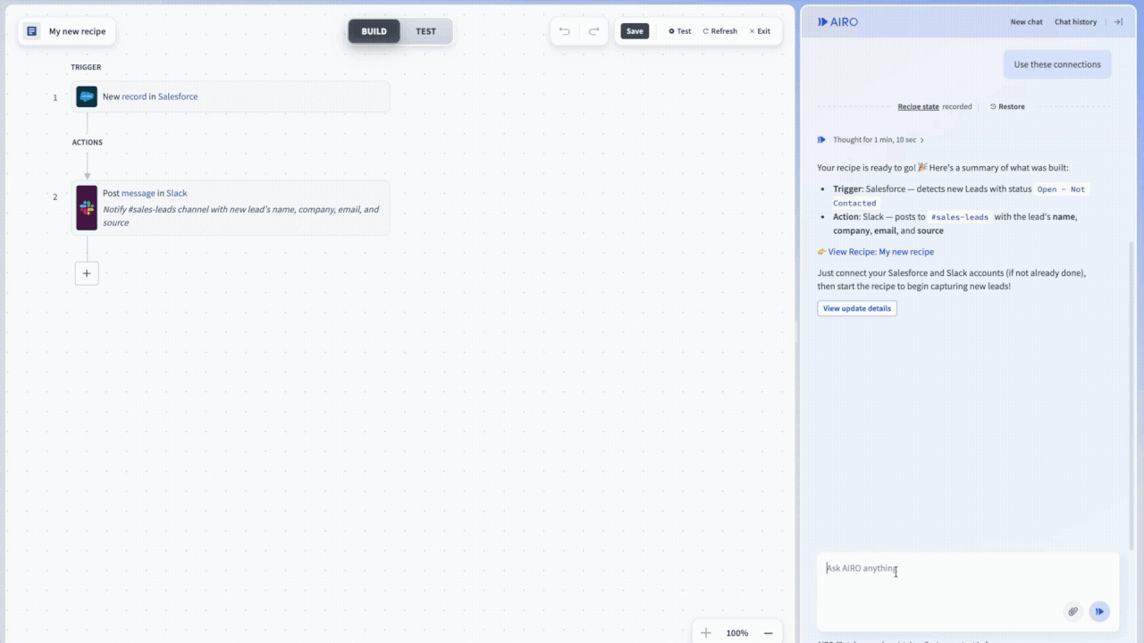 AIRO chat panel with a change request typed in the message field