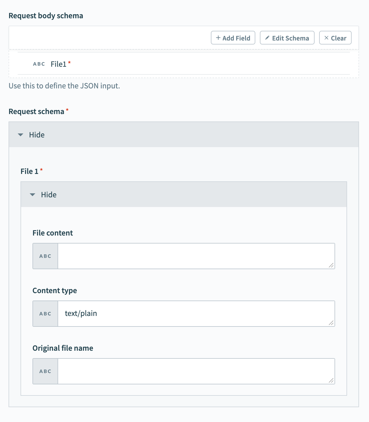 The Request body schema and Request schema fields