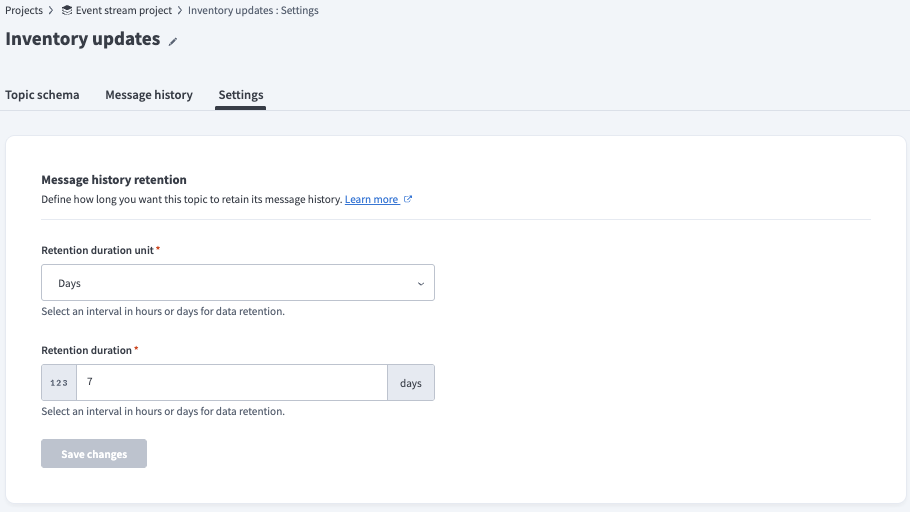 Topic retention settings