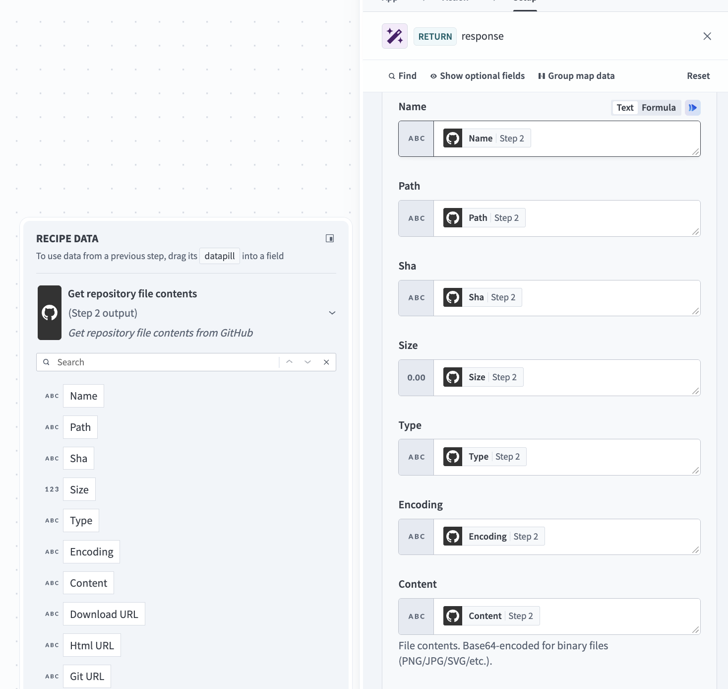 Map the corresponding datapills for the RETURN response