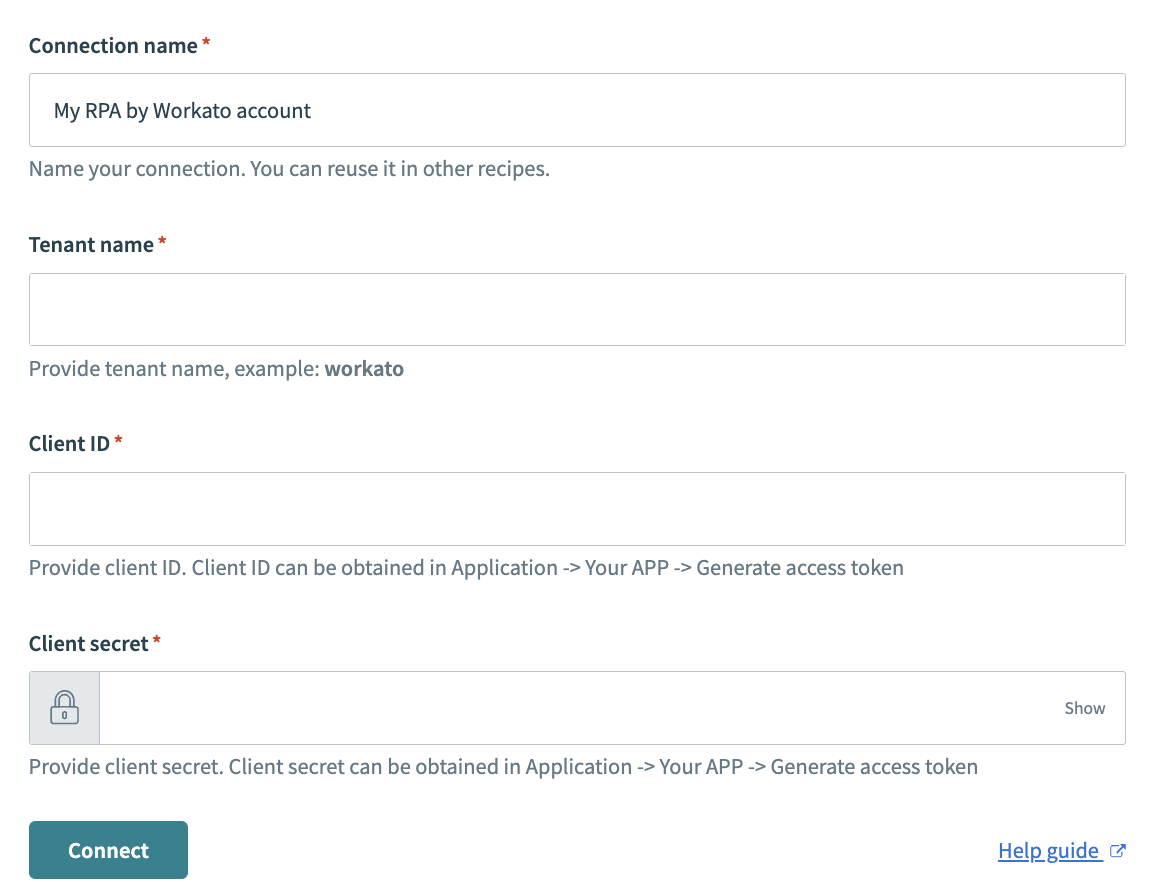 RPA by Workato's connection fields