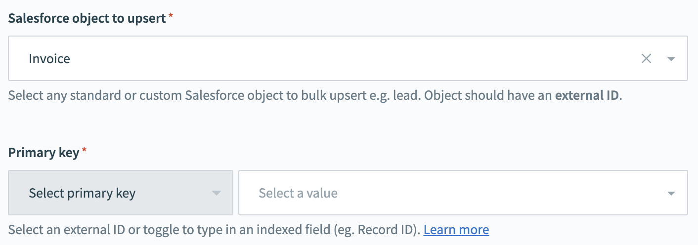 Salesforce のバルクアップサートアクション - 設定済みの Salesforce オブジェクトセクション