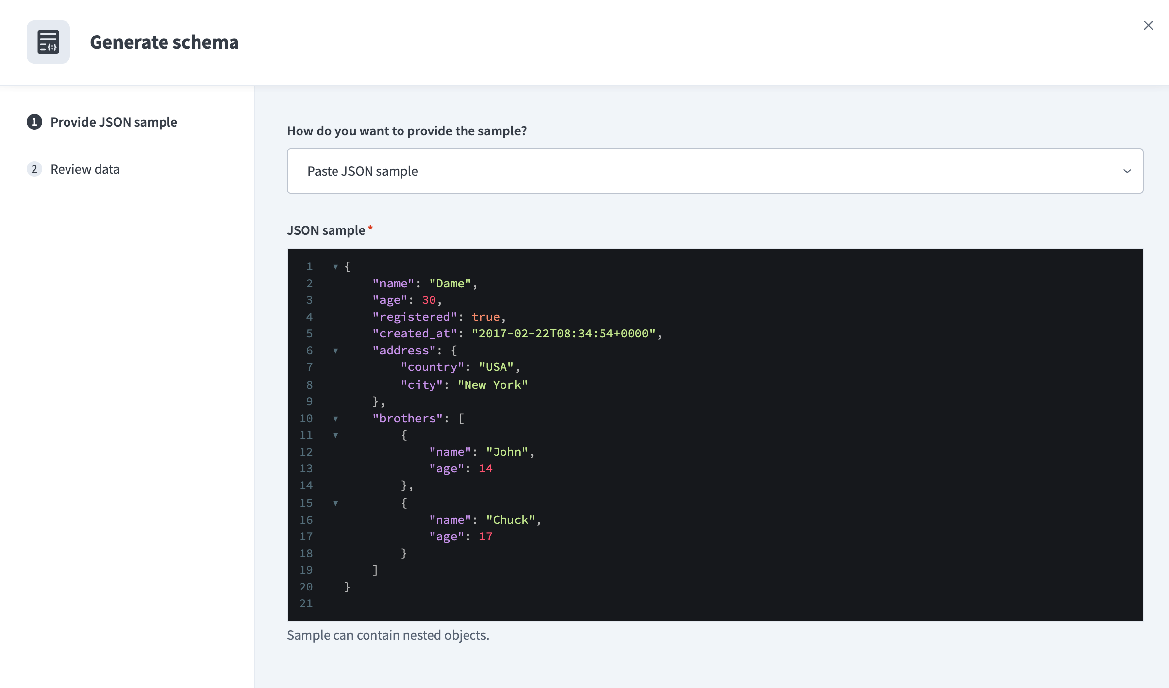 サンプルの JSON のポップアップ表示