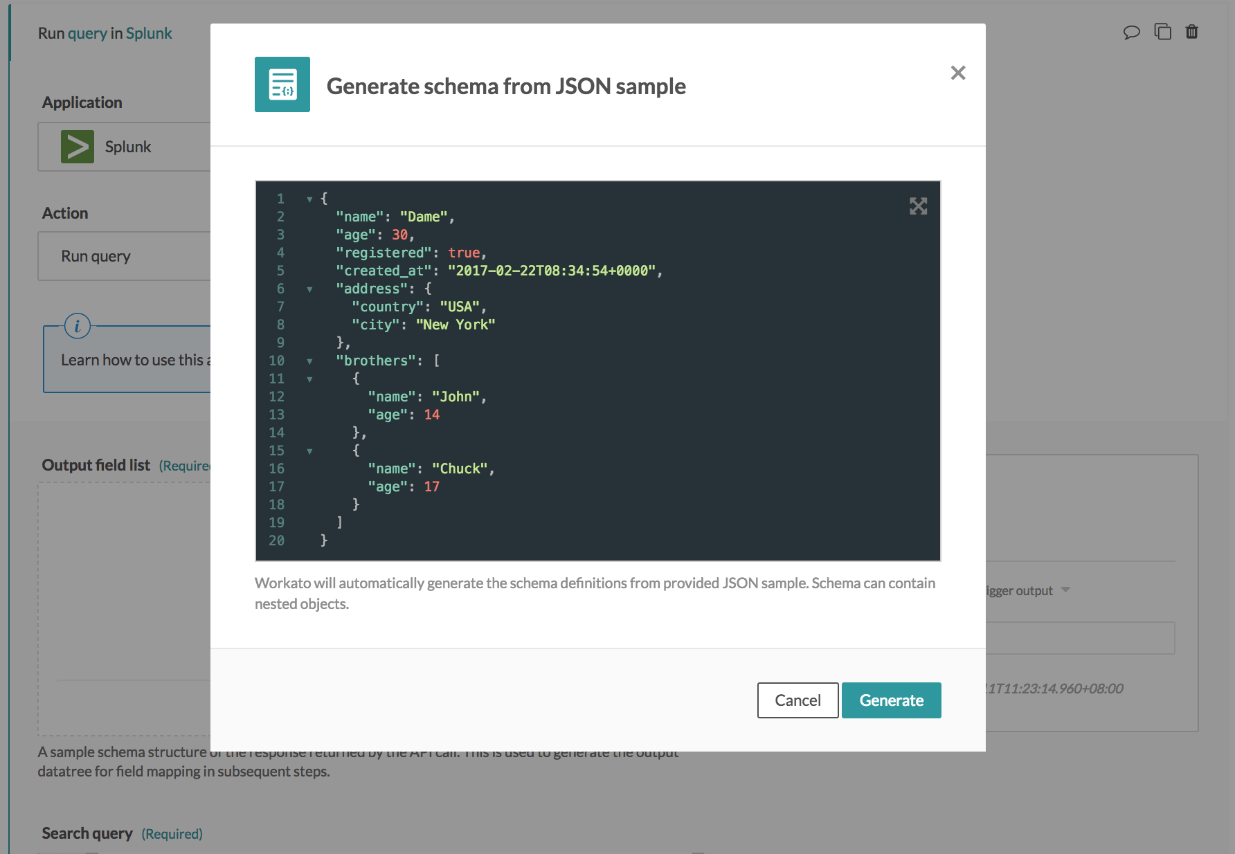 サンプルの JSON のポップアップ表示