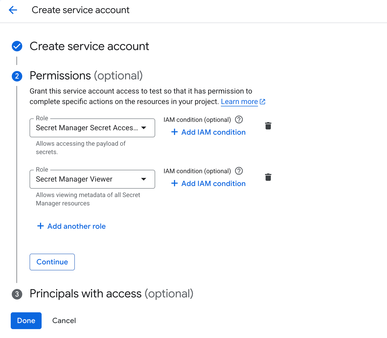 Select the Secret Manager Secret Accessor permission