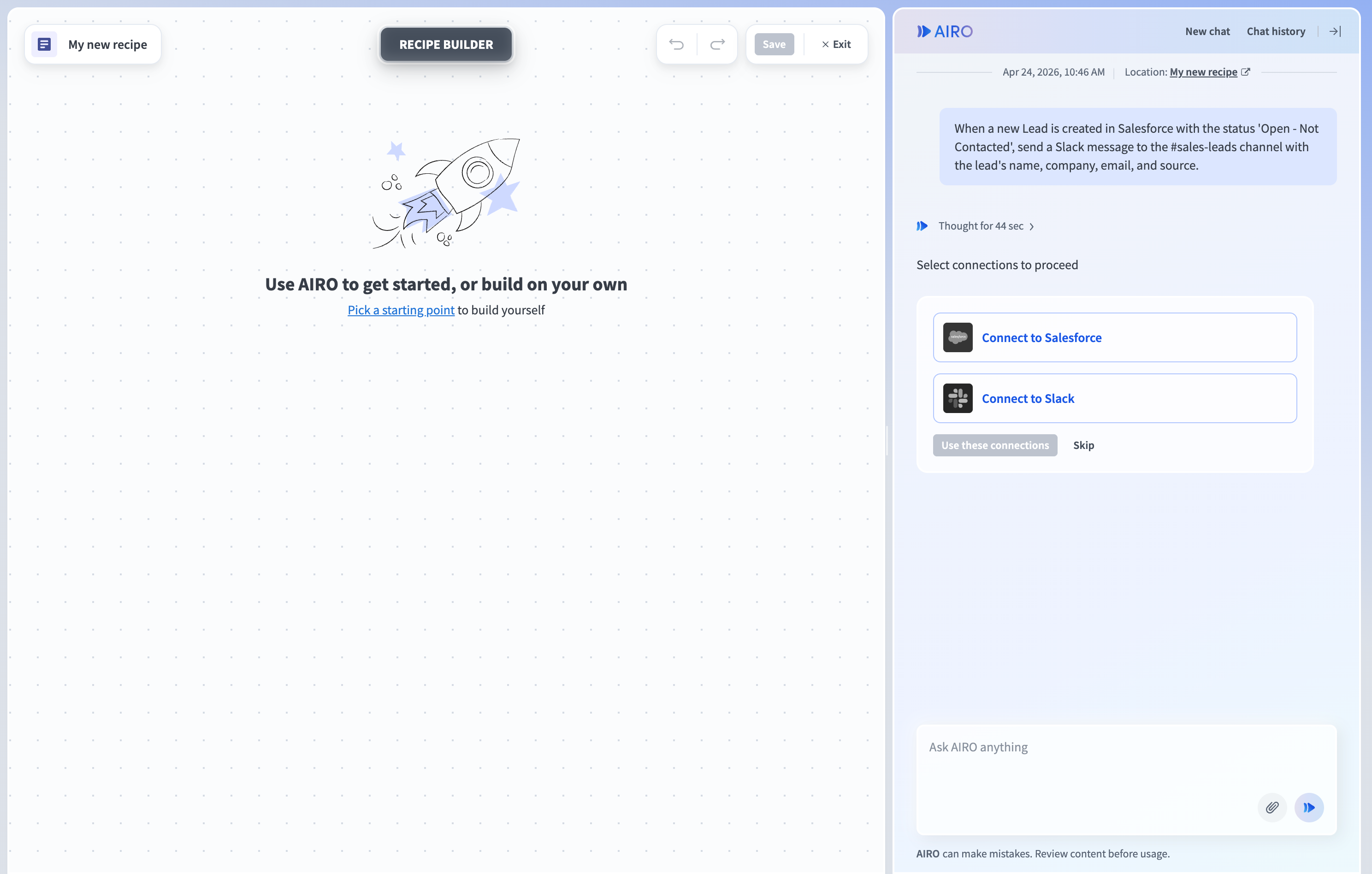 AIRO connection panel listing apps that require a connection