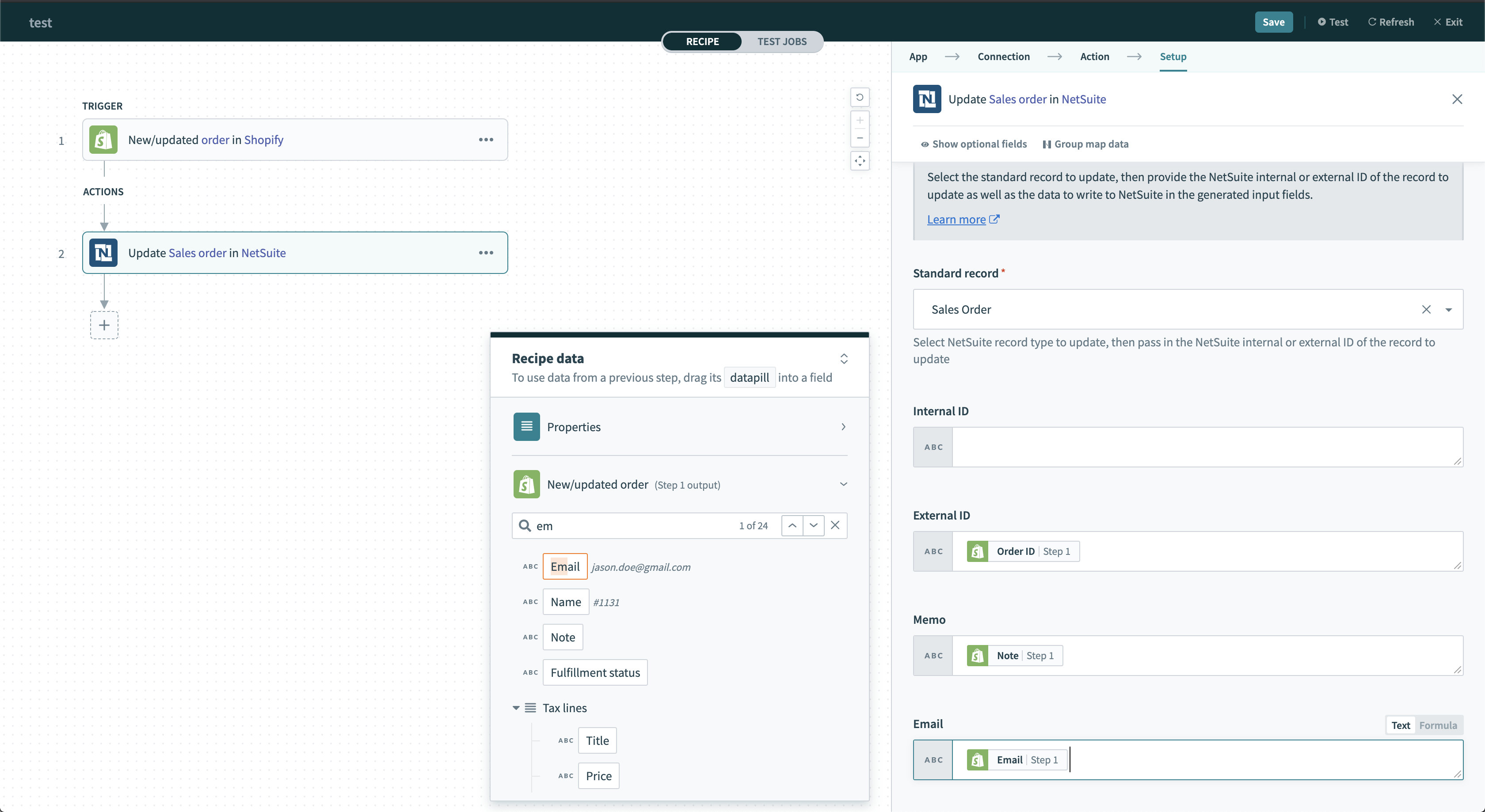 内部 ID を使用して更新する NetSuite レコードを指定