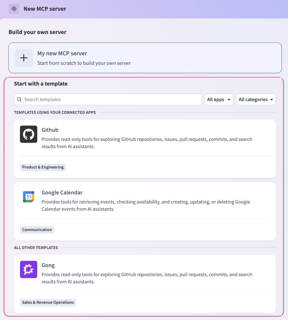 Start with pre-built MCP Servers using your connected apps