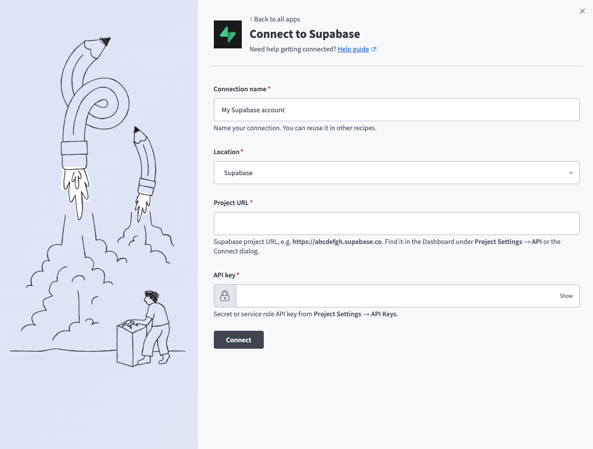 Supabase connection setup details