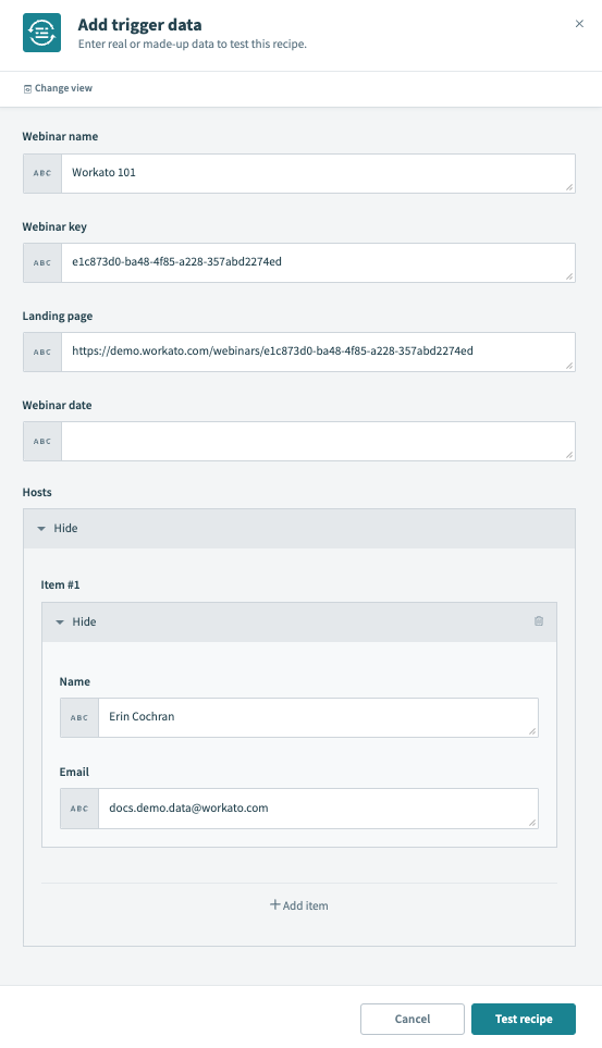 手動によるトリガーテストのための Form fields ビュー