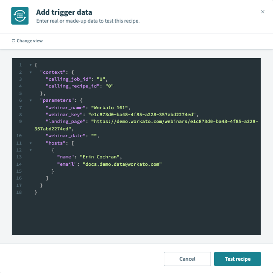 手動によるトリガーテストのための Raw JSON ビュー