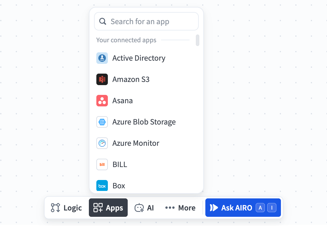 The Apps menu open in the toolbar