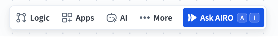 The recipe editor toolbar with Logic, Apps, AI, More, and Ask AIRO buttons