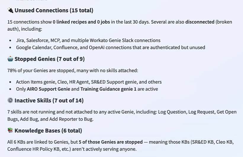 The rest of AIRO's answer, listing unused connections, stopped genies, inactive skills, and knowledge bases.